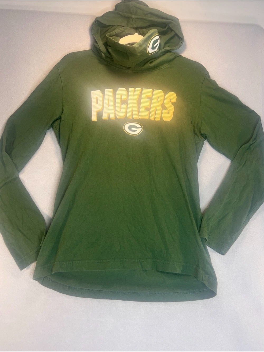 Boys NFL Green Day Packers Long Sleeve T Shirt Hoodie w/ Funnel Neck XL 18/20
